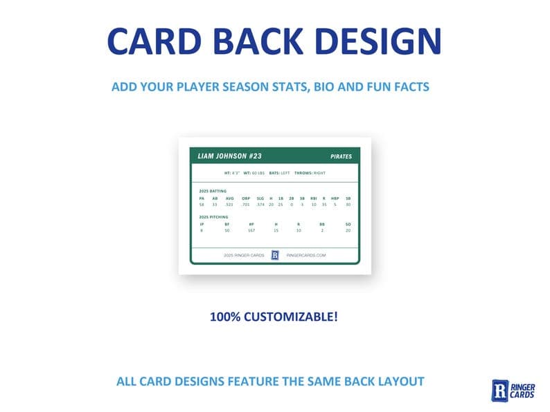 Custom card back with player season stats, bio, and details