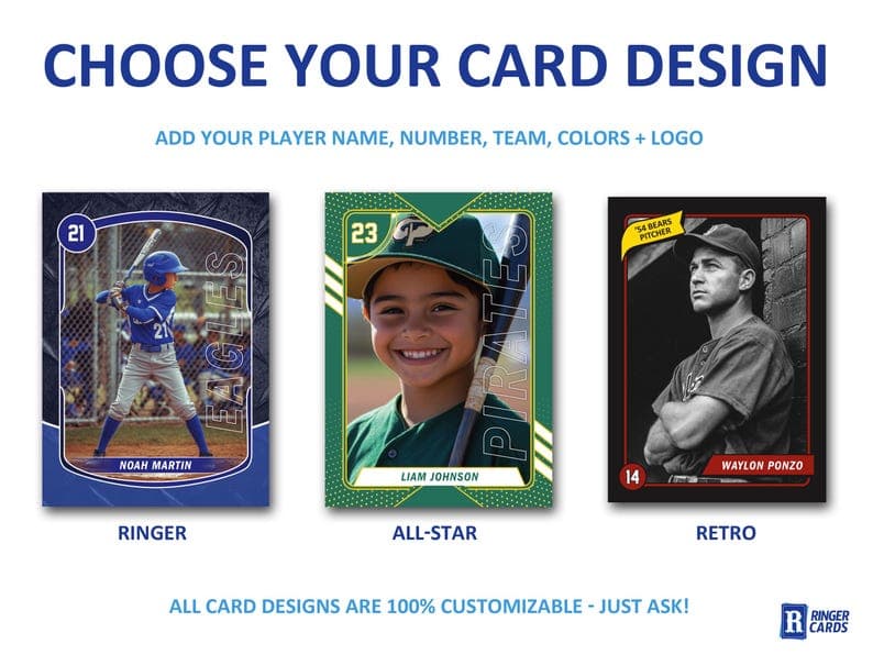 Three customizable Ringer card designs: Ringer, All-Star, and Retro