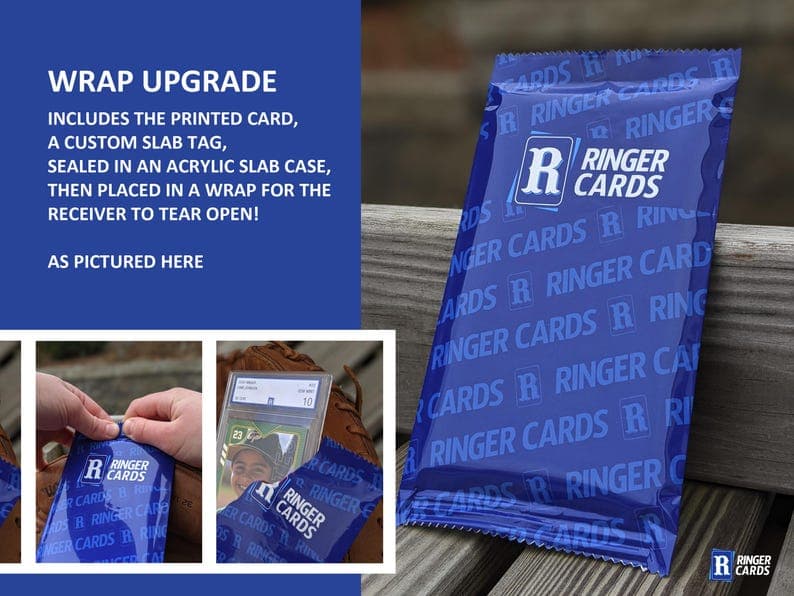 Branded blue Ringer Cards tear-open gift wrap